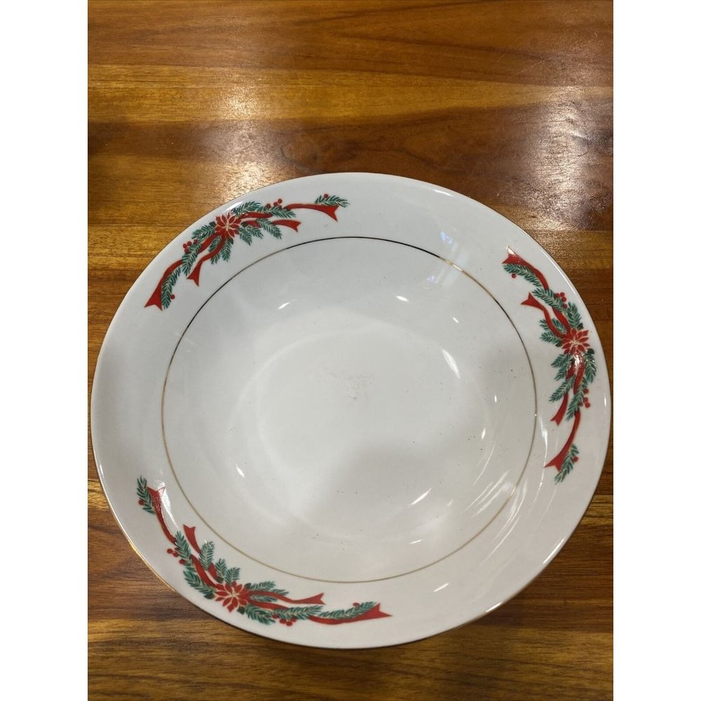 Vintage Poinsettia and Ribbons 9.25” Serving Bowl China EUC Christmas Dinner
